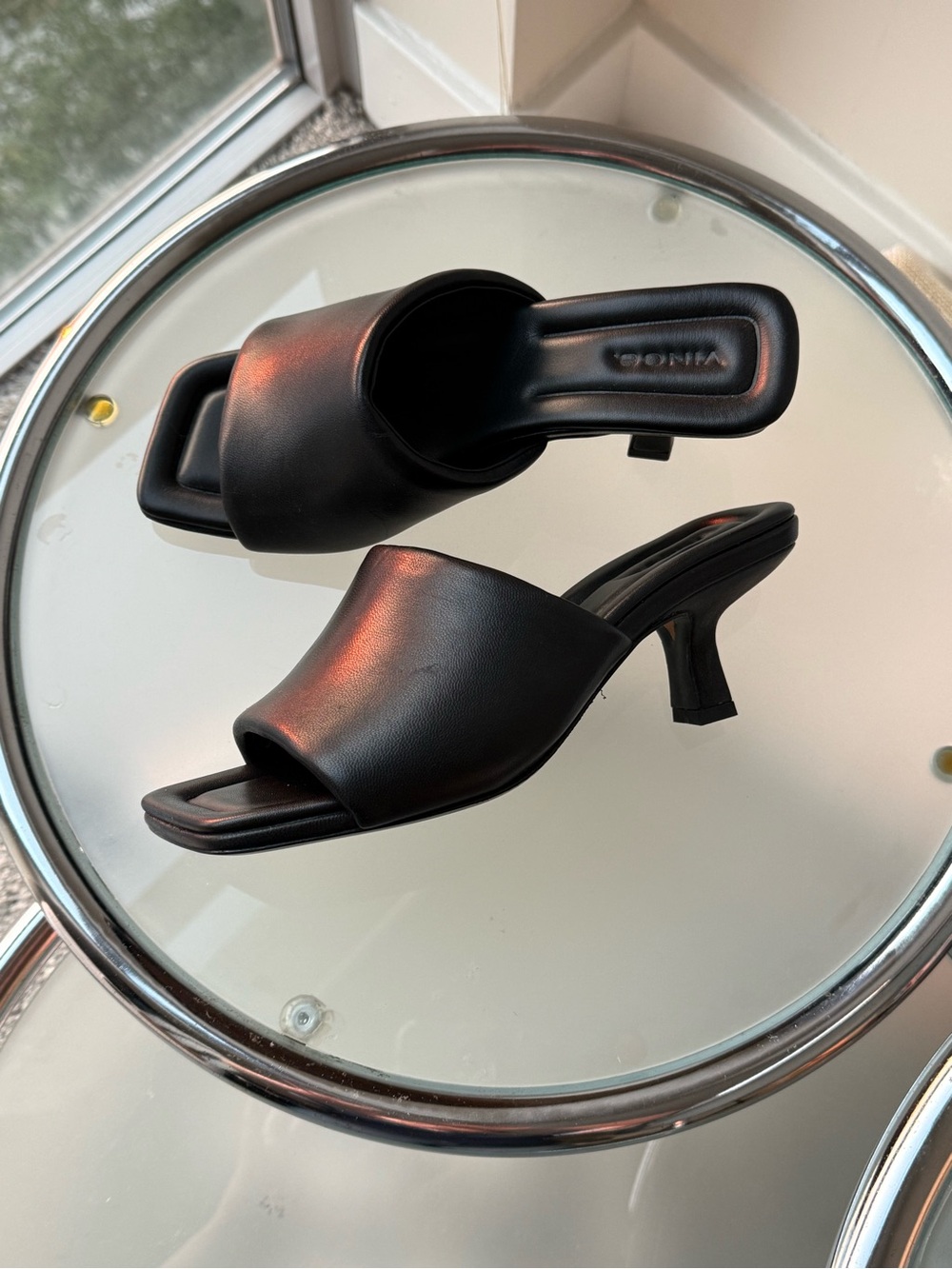 Vince Black Open-Toe Square Mule Heels